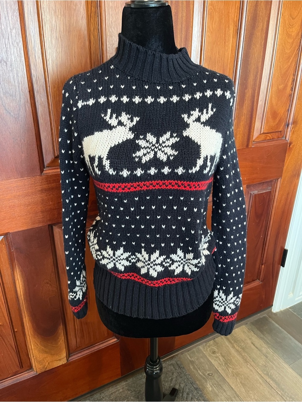 ABERCROMBIE & FITCH Y2K Wool Nordic Moose Sweater Navy Blue Cabincore Holiday XS